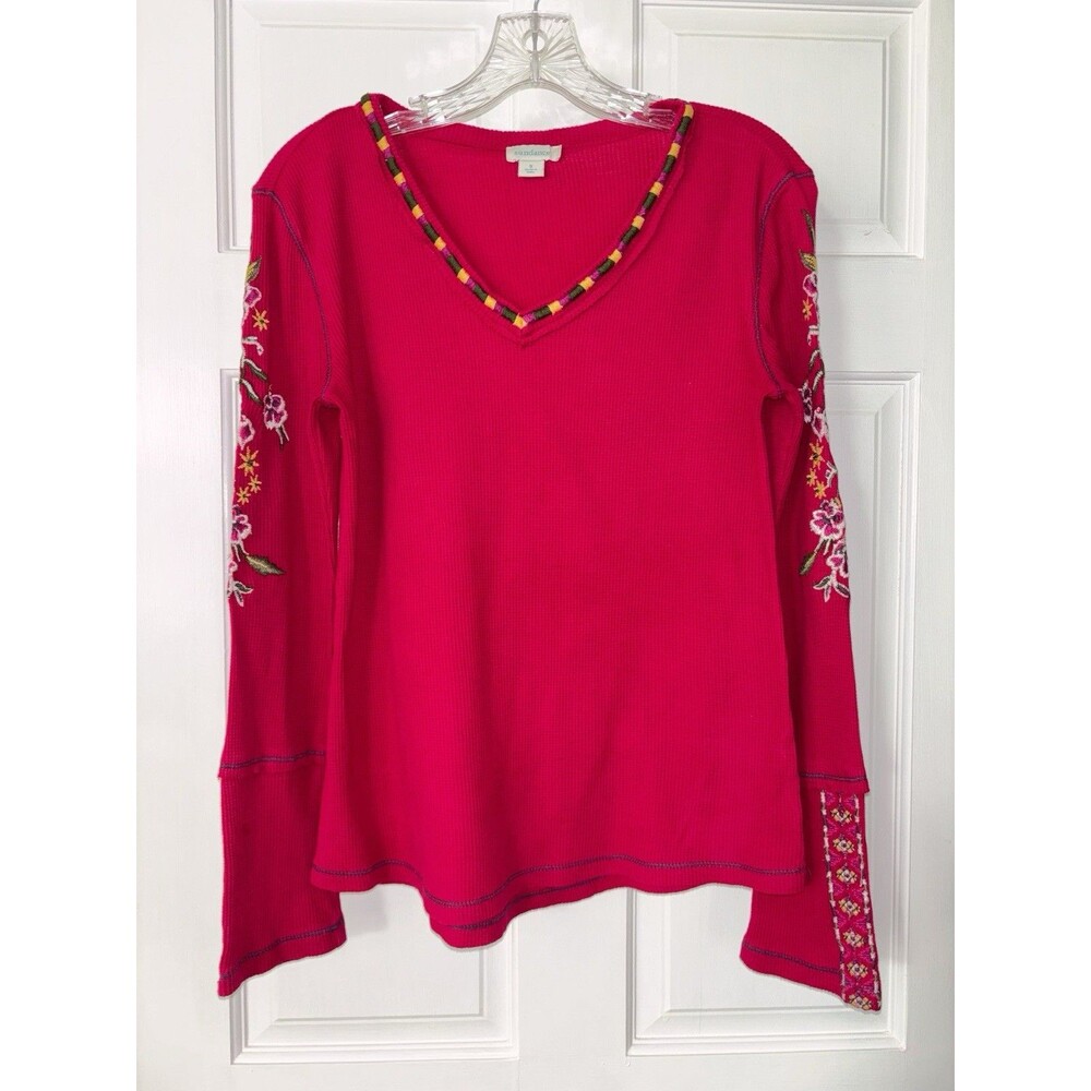 Sundance Waffle Long Sleeved Embroidered T-Shirt Size Small Magenta